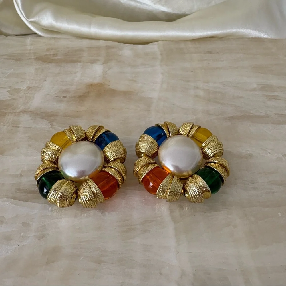 Vintage 70s clip on large earrings gold pearl multicolor eclectic boho indie